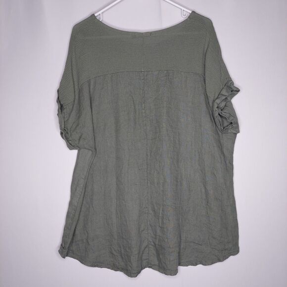 Lungo L'Arno Linen Top Women 1X Green Short Dolman Sleeve Mixed Fabric Gauze - Picture 2 of 11